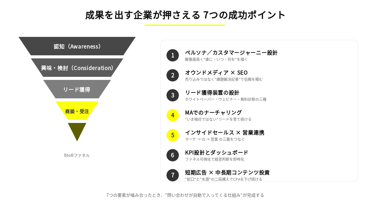 BtoB Webマーケティング成功の7つのポイントとBtoBファネルの図解