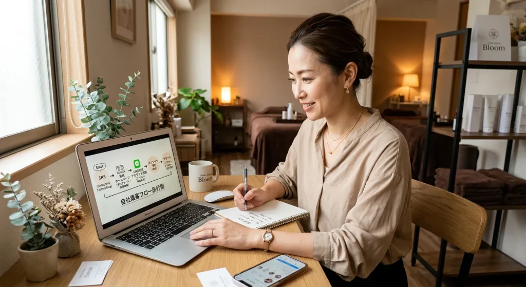 自社集客の仕組みイメージ SNS → ホームページ → LINE登録 → 予約 → リピート という流れを自社で設計する マザーハンズ 集客支援