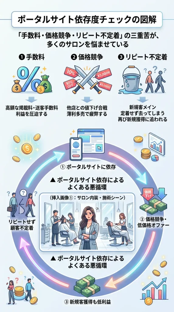 ポータルサイト依存度チェックの図解 「手数料・価格競争・リピート不定着」の三重苦が、多くのサロンを悩ませている