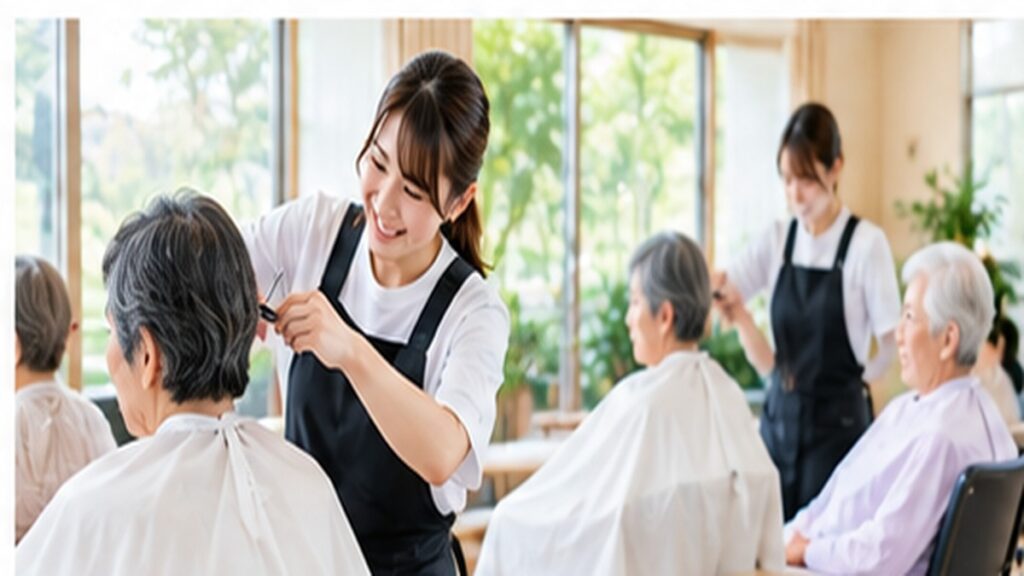 施設で複数の高齢者のヘアカットを行う訪問美容師たち（5名以上の集団カット）