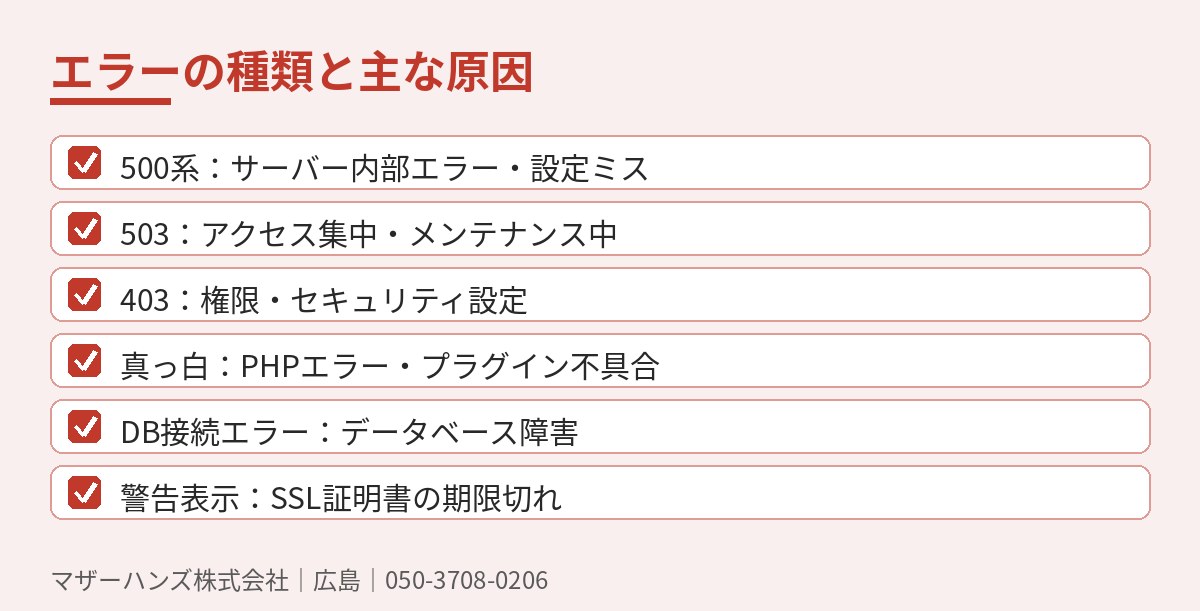 エラーの種類と主な原因の一覧