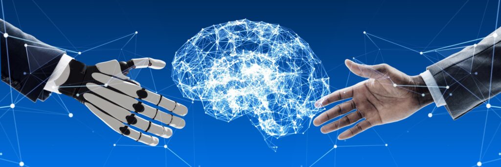 ロボットの手と人の手が向かい合う、人工知能のイメージ