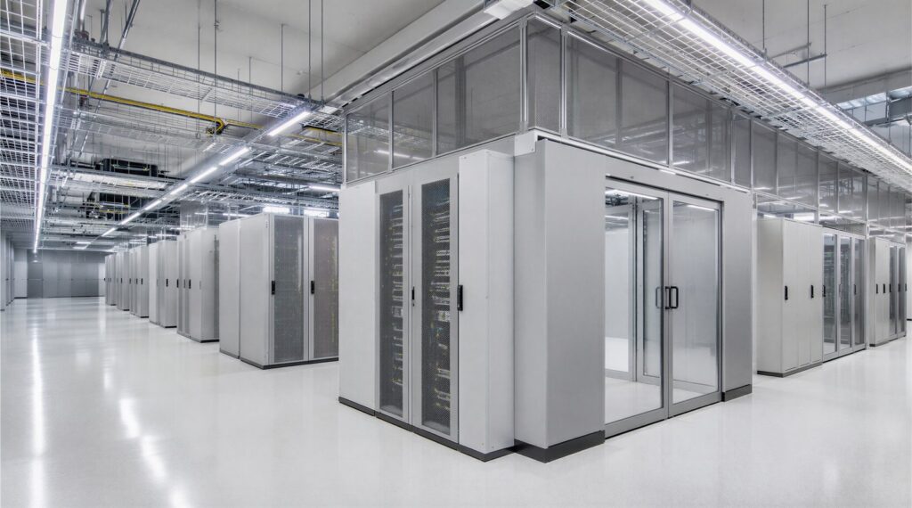 ガラス扉のキャビネットが並ぶ、明るいデータセンターのサーバールーム（サーバー環境のイメージ）